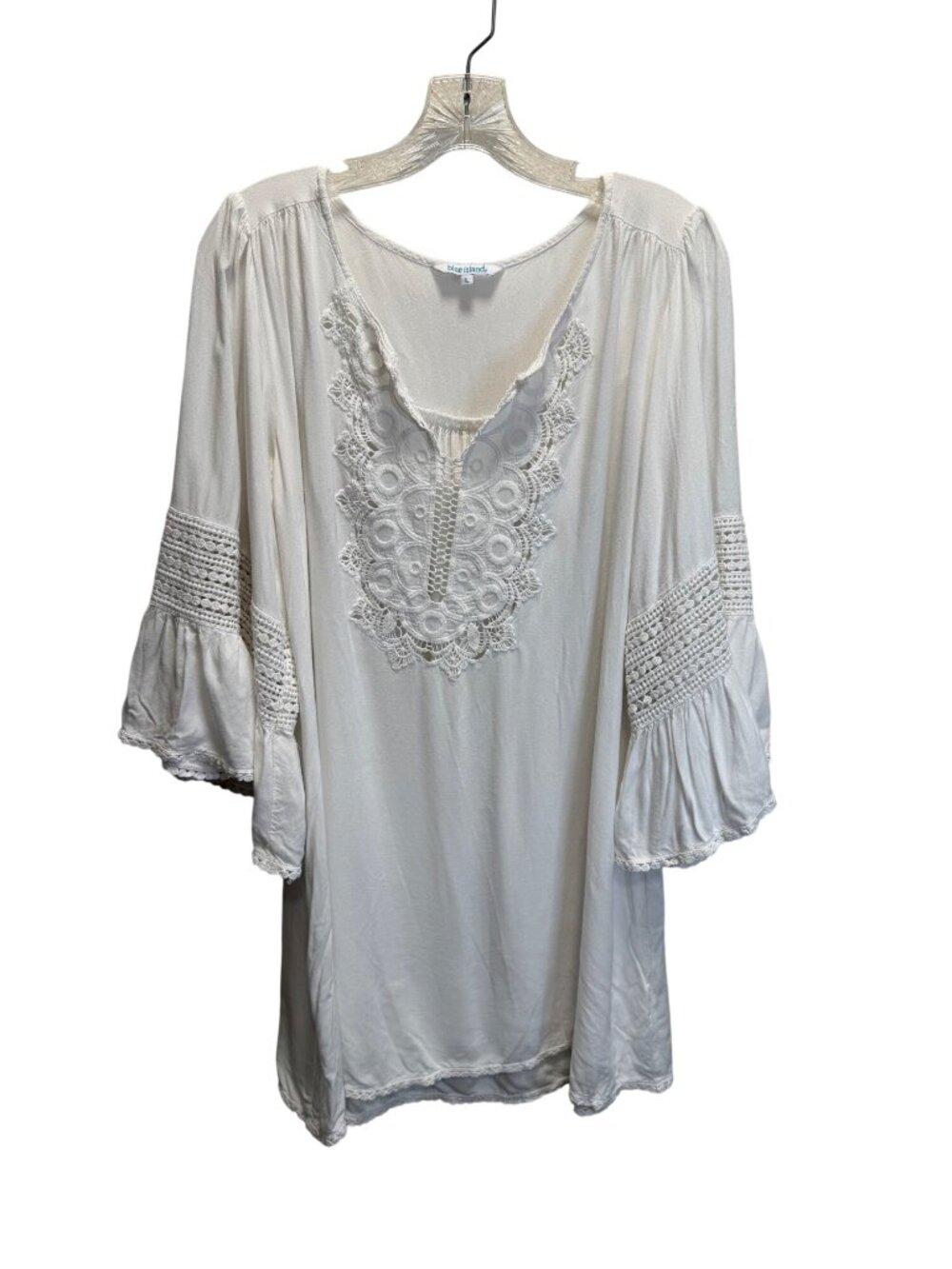 Blue Island White Boho Tunic Top With Crochet Lace Detailing Bell Sleeves Womens